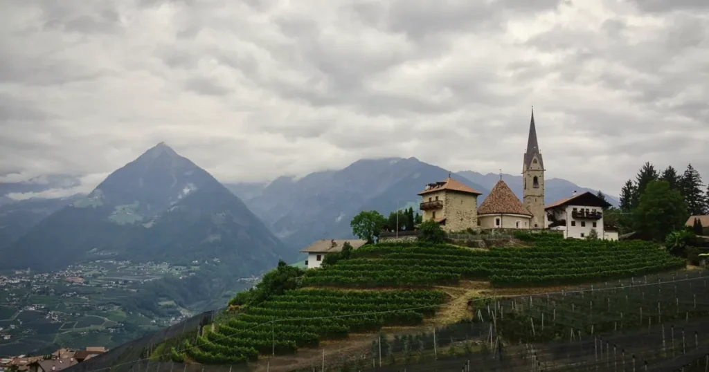 Wijngaarden en een kerk in Schenna, Zuid-Tirol, met bergen